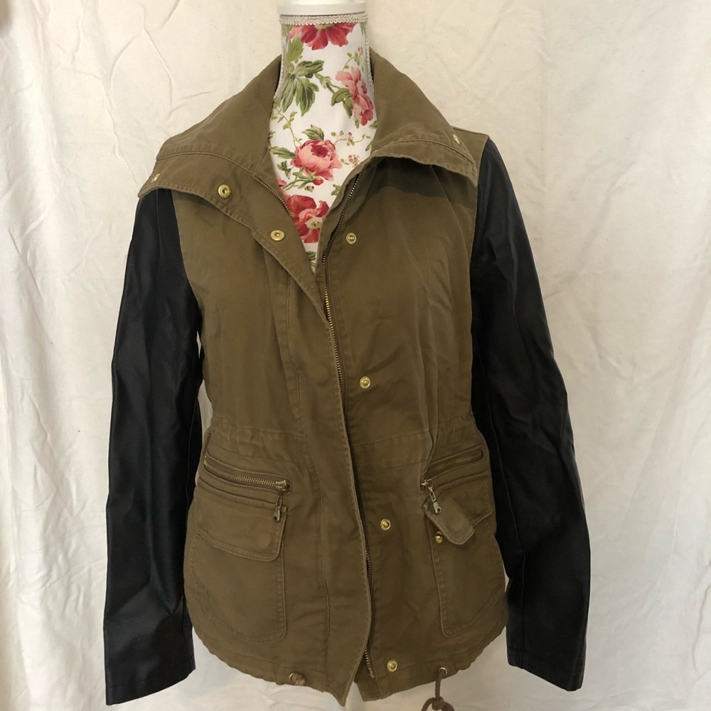 Green army jacket with leather sleeves